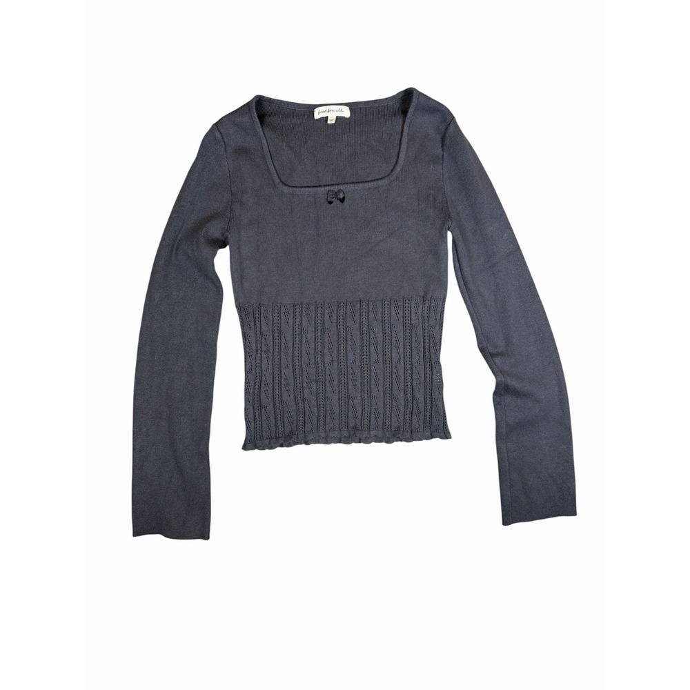 Free For All Womens M Gray Square Neck Crop Top Long Sleeve Ribbed Bow Y2K